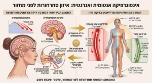 אינפוגרפיקה אנטומית ואנרגטית המציגה את השפעת ירידת ההורמונים על המערכת הווסטיבולרית במוח, לצד ויסות מרידיאן ה-Chong Mai והכבד בד- התמונה נוצרה באמצעות AI